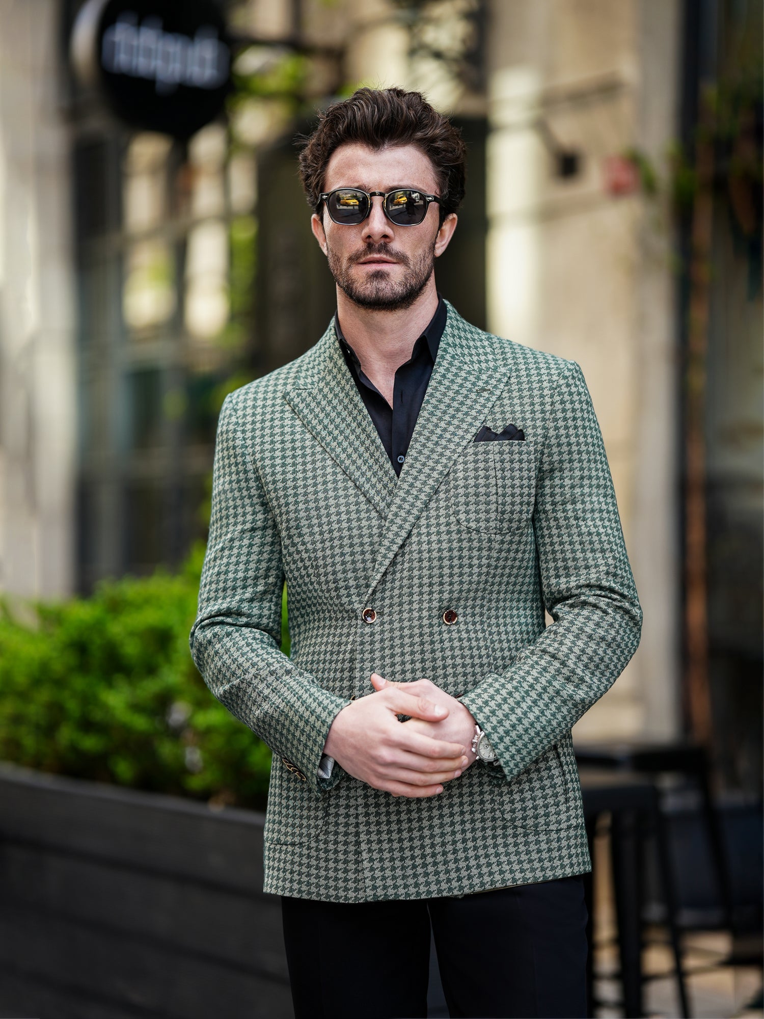Green Houndstooth Double Breasted Blazer - BRABION