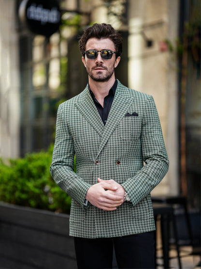Green Houndstooth Double Breasted Blazer - BRABION