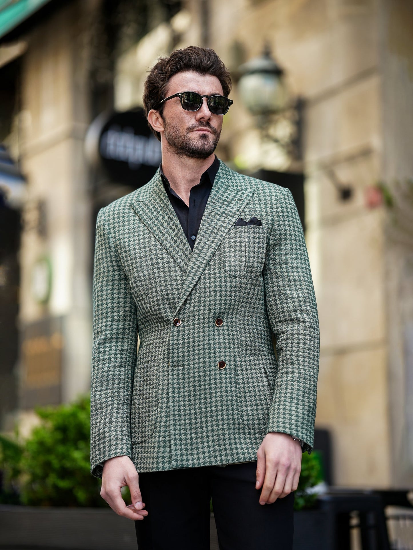 Green Houndstooth Double Breasted Blazer - BRABION