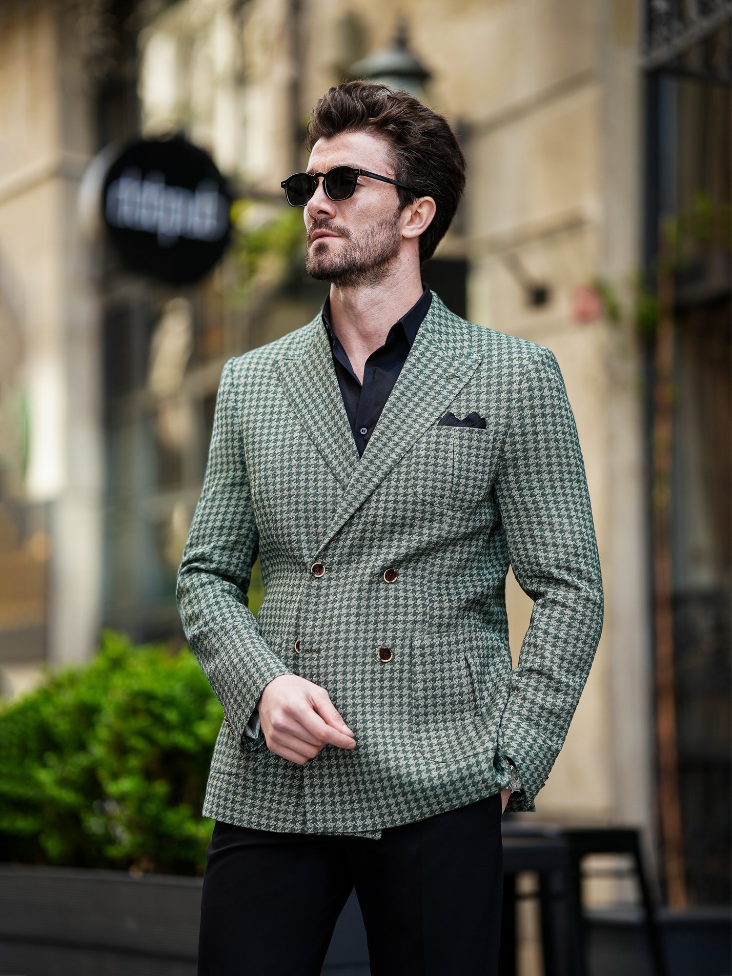 Green Houndstooth Double Breasted Blazer - BRABION