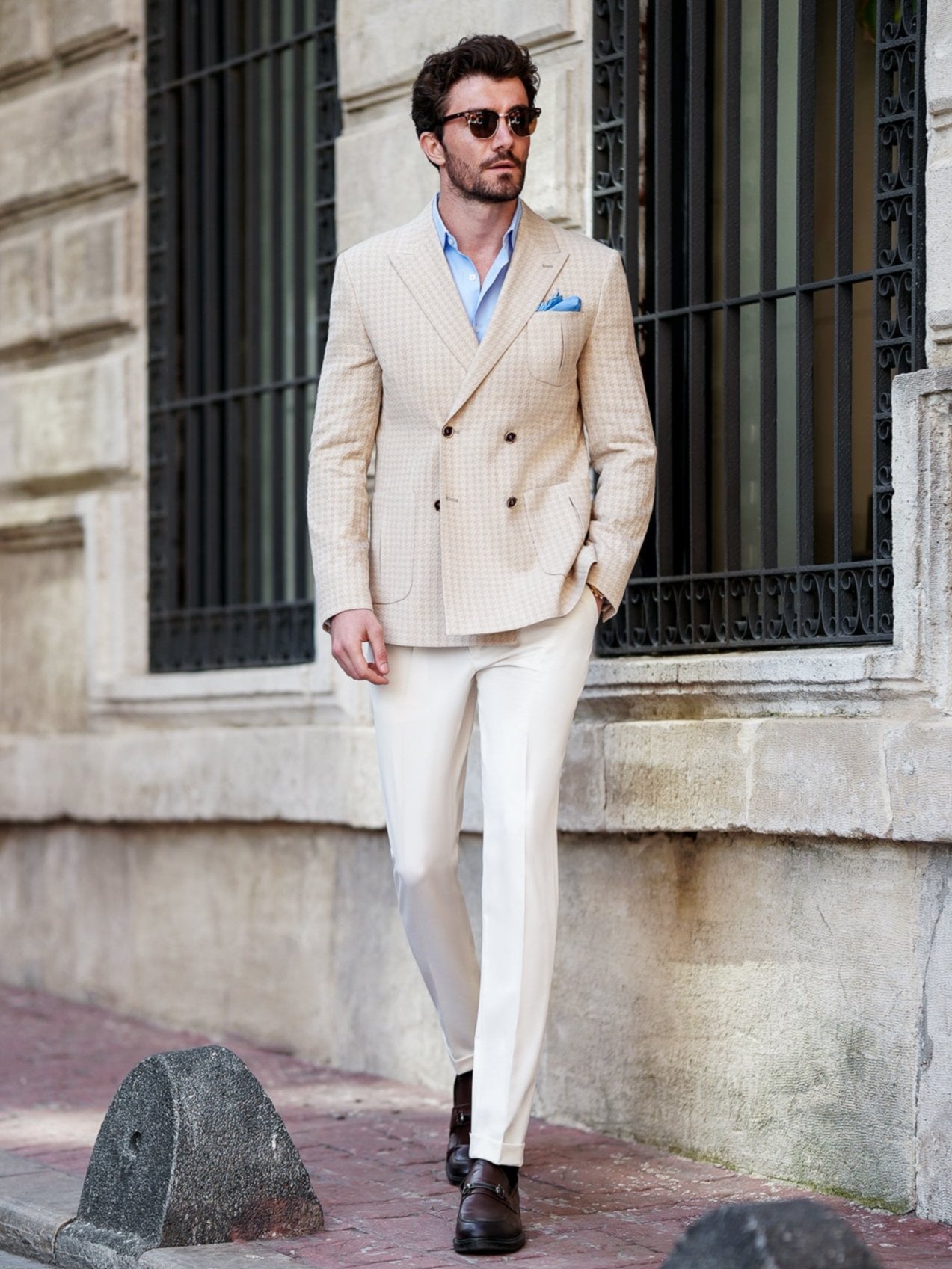 Beige Houndstooth Double Breasted Blazer - BRABION