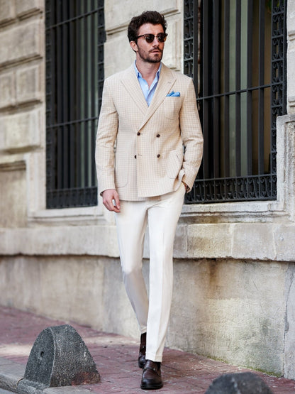 Beige Houndstooth Double Breasted Blazer - BRABION