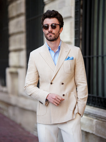 Beige Houndstooth Double Breasted Blazer - BRABION