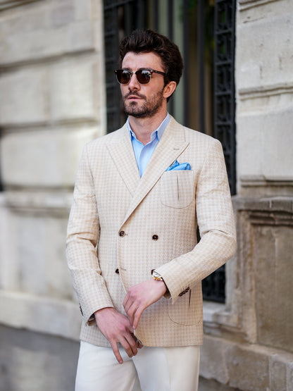 Beige Houndstooth Double Breasted Blazer - BRABION