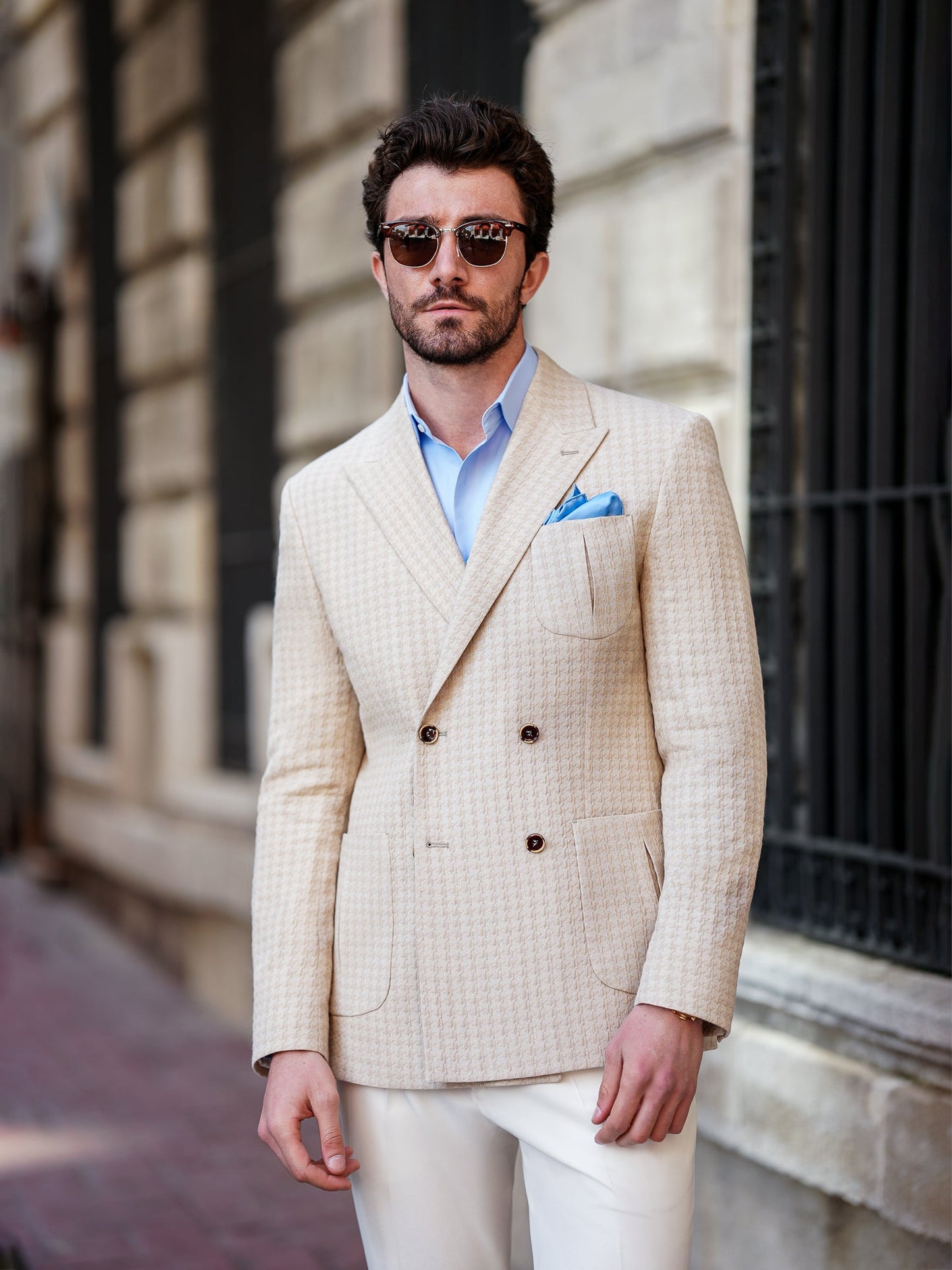 Beige Houndstooth Double Breasted Blazer - BRABION