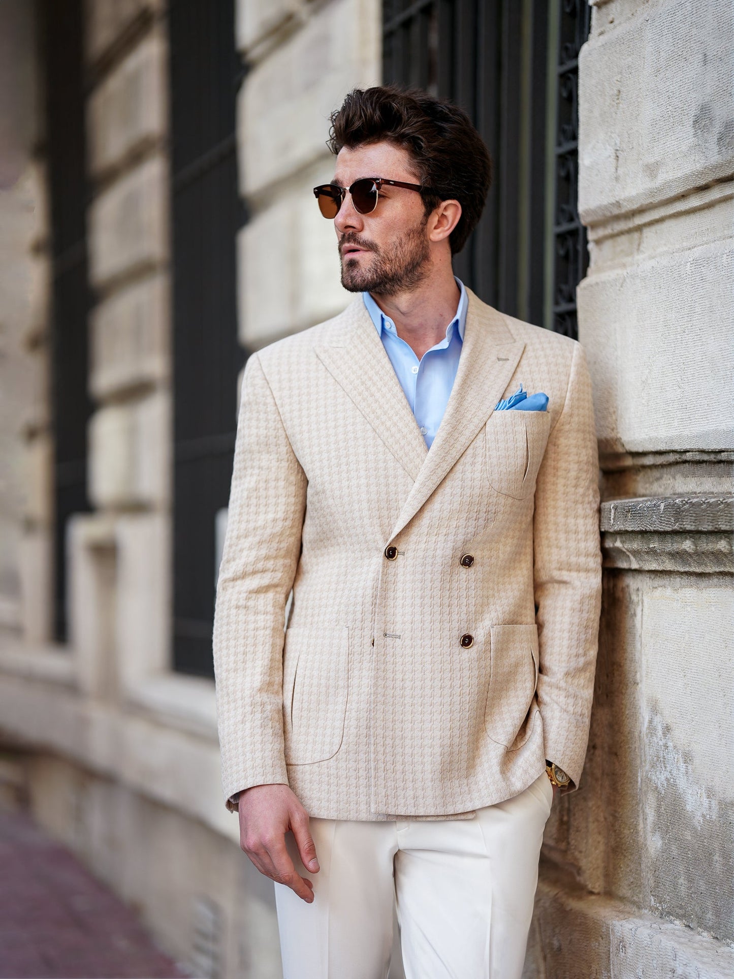 Beige Houndstooth Double Breasted Blazer - BRABION