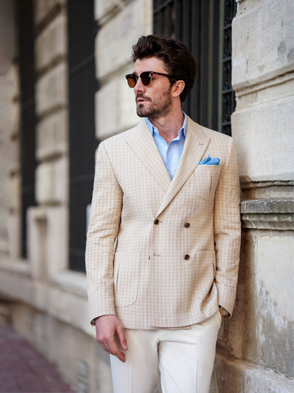 Beige Houndstooth Double Breasted Blazer - BRABION