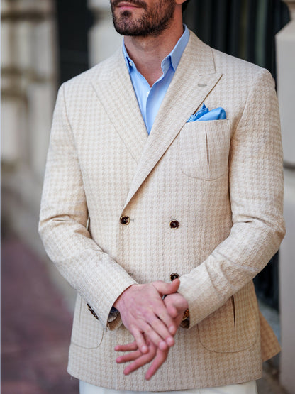 Beige Houndstooth Double Breasted Blazer - BRABION