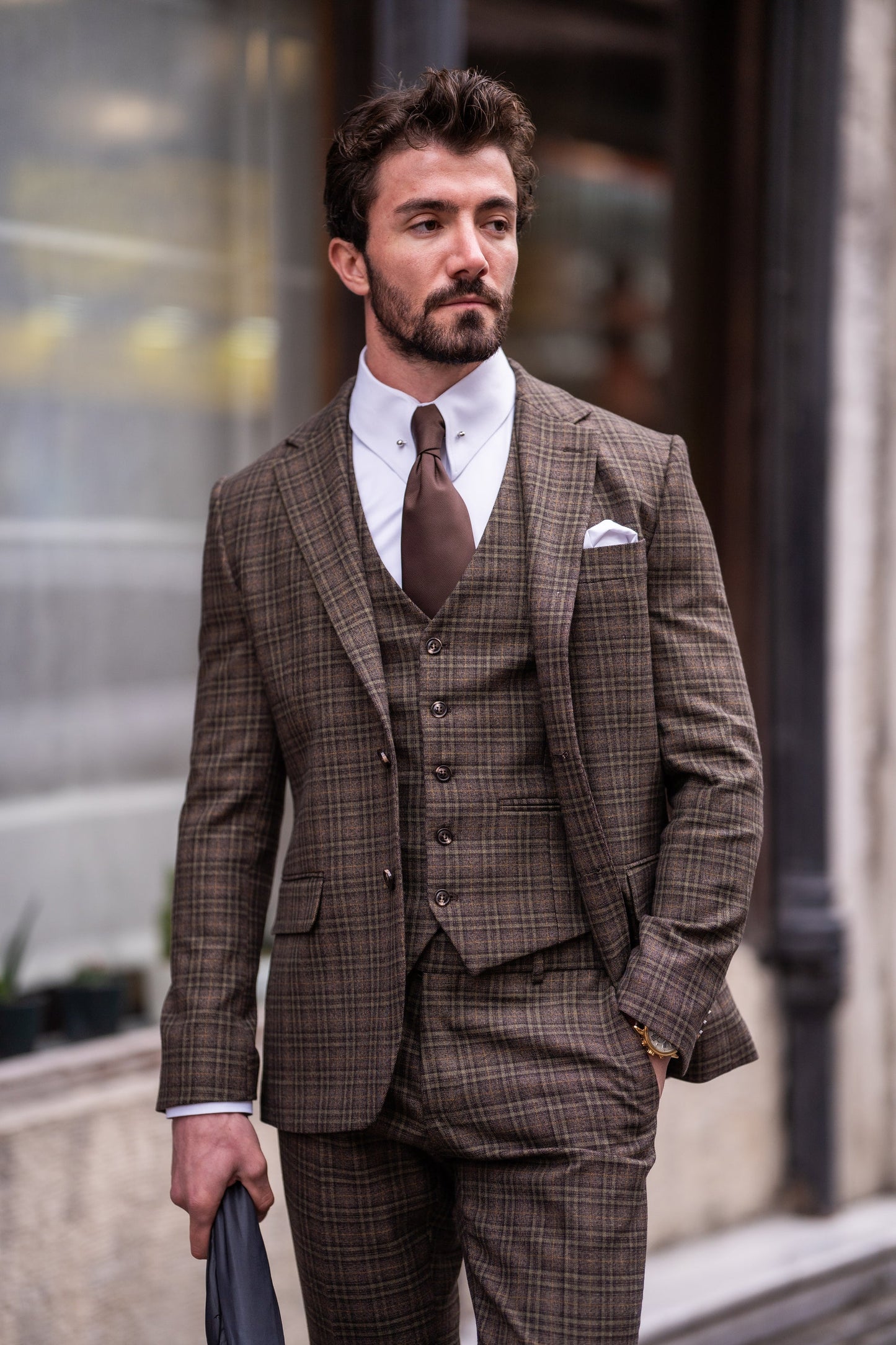 Brown Plaid Slim-Fit Suit 3-Piece VIOSSI