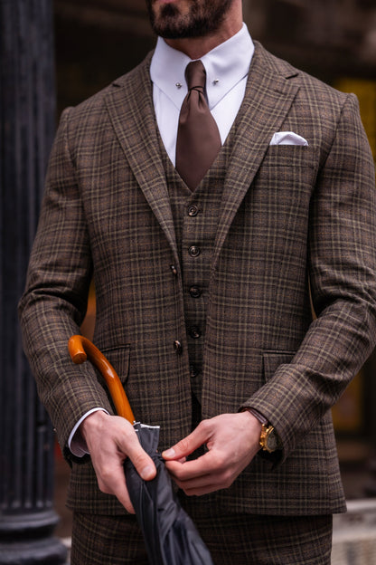 Brown Plaid Slim-Fit Suit 3-Piece VIOSSI
