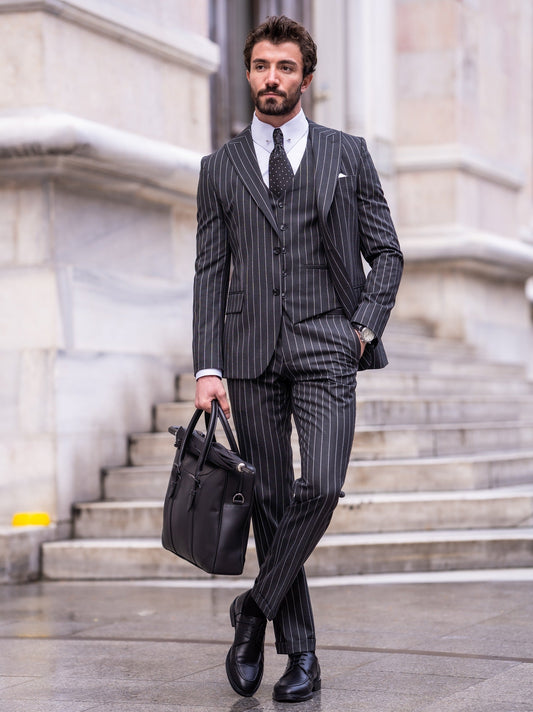 Black Striped Slim-Fit Suit 3-Piece VIOSSI