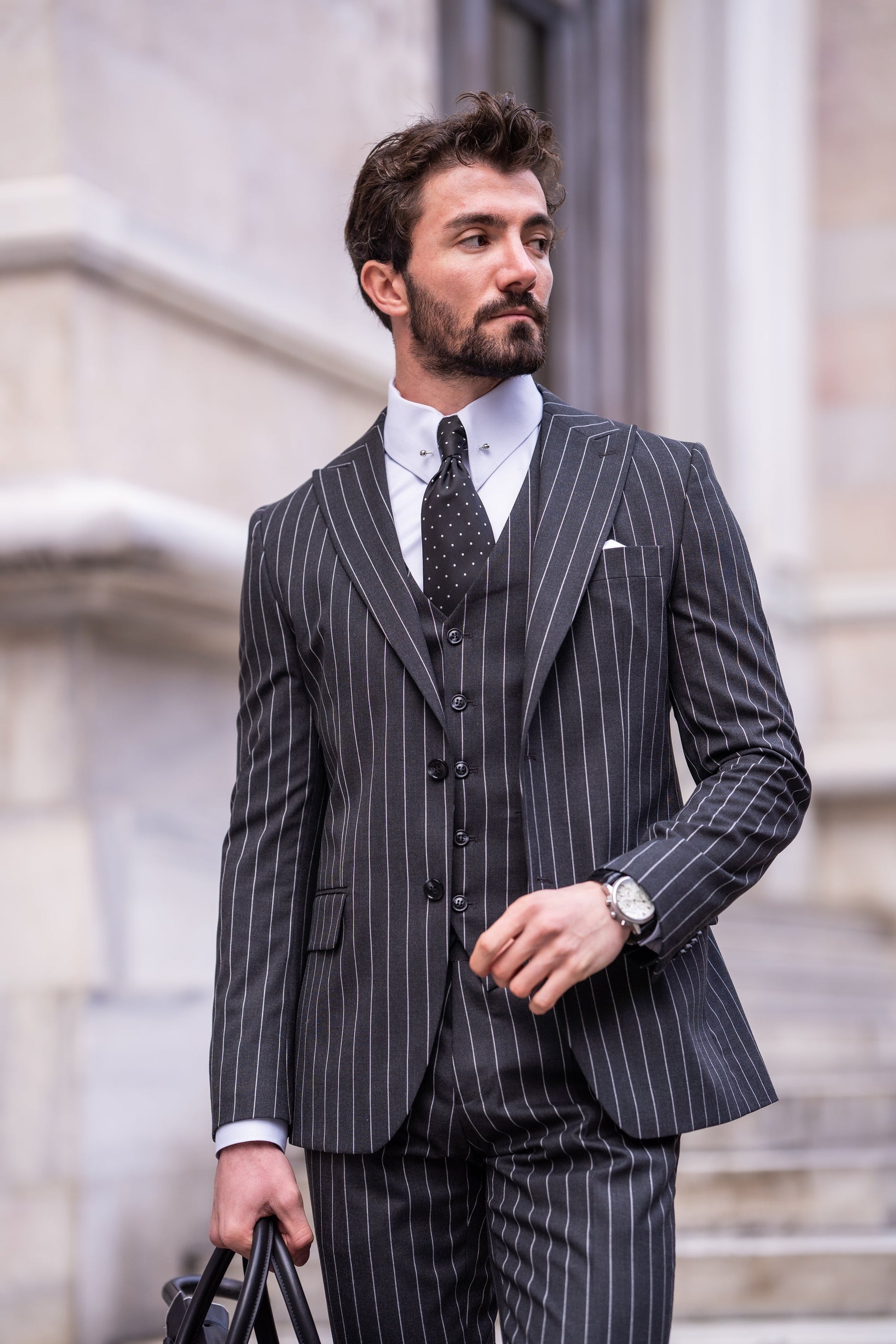 Black Striped Slim-Fit Suit 3-Piece VIOSSI