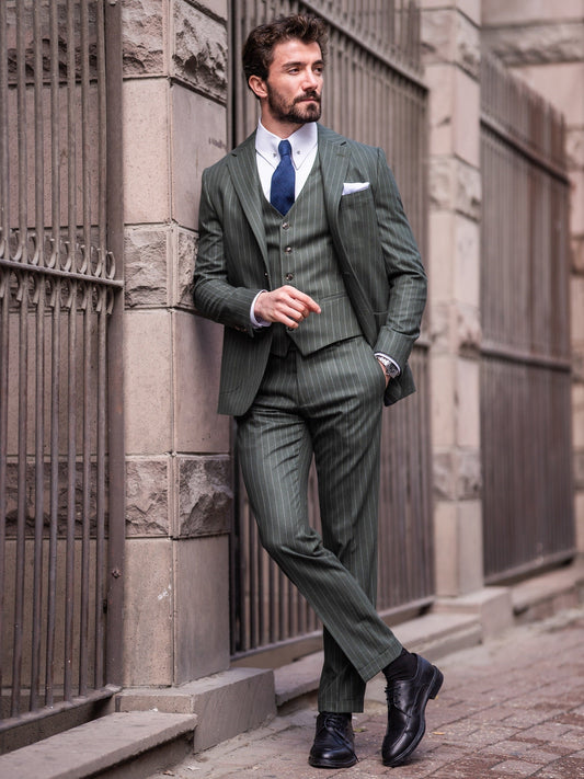 Khaki Striped Slim-Fit Suit 3-Piece VIOSSI