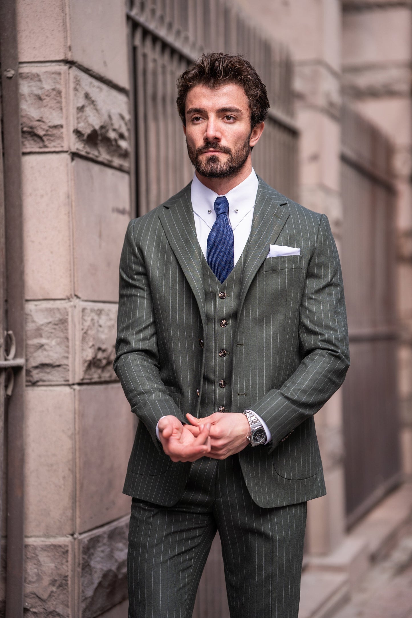 Khaki Striped Slim-Fit Suit 3-Piece VIOSSI