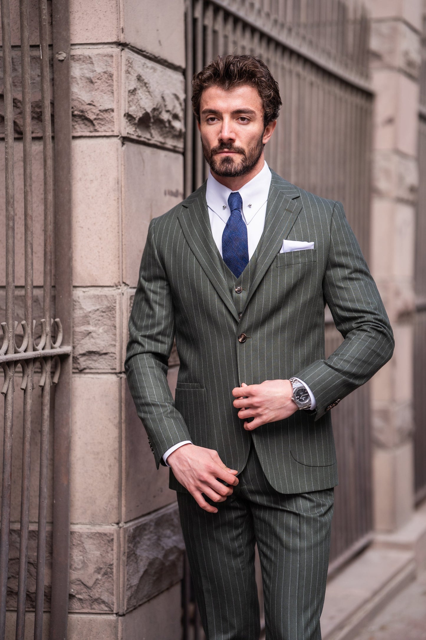 Khaki Striped Slim-Fit Suit 3-Piece VIOSSI