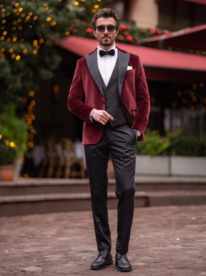 Bordeaux Velvet Slim-Fit Tuxedo 3-Piece - BRABION