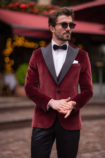 Bordeaux Velvet Slim-Fit Tuxedo 3-Piece - BRABION