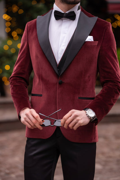 Bordeaux Velvet Slim-Fit Tuxedo 3-Piece - BRABION