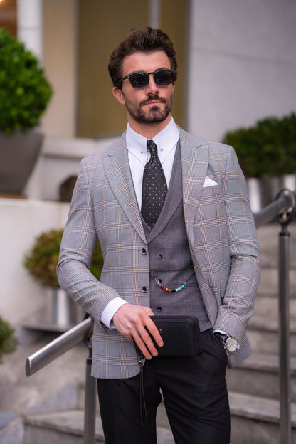 Grey Plaid Slim-Fit Suit 3-Piece VIOSSI