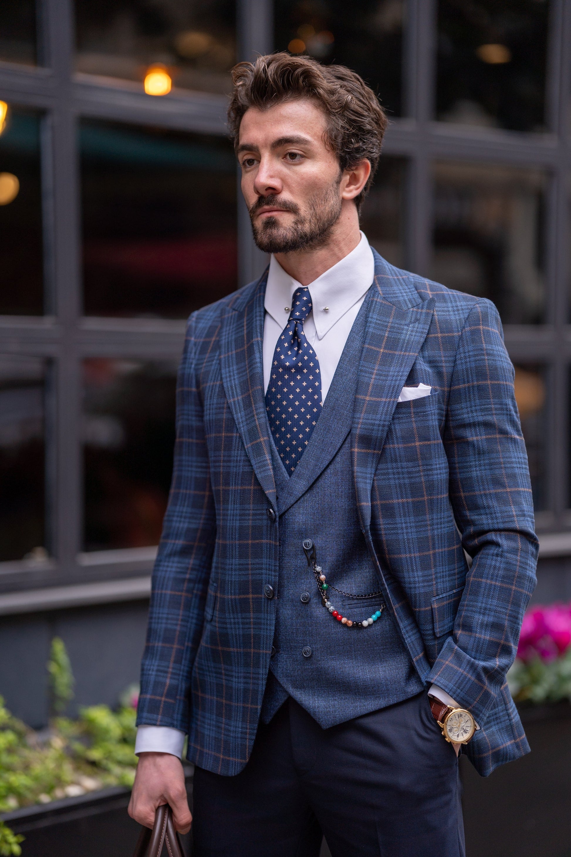 Navy Plaid Slim-Fit Suit 3-Piece VIOSSI