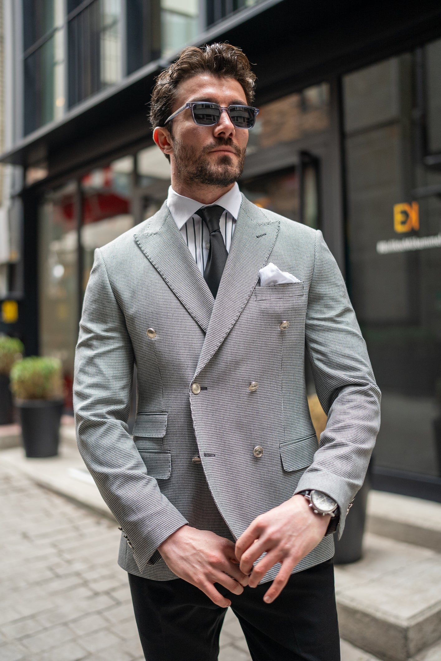 White Houndstooth Double Breasted Blazer - BRABION