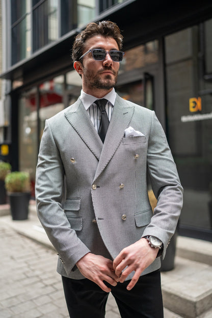 White Houndstooth Double Breasted Blazer - BRABION