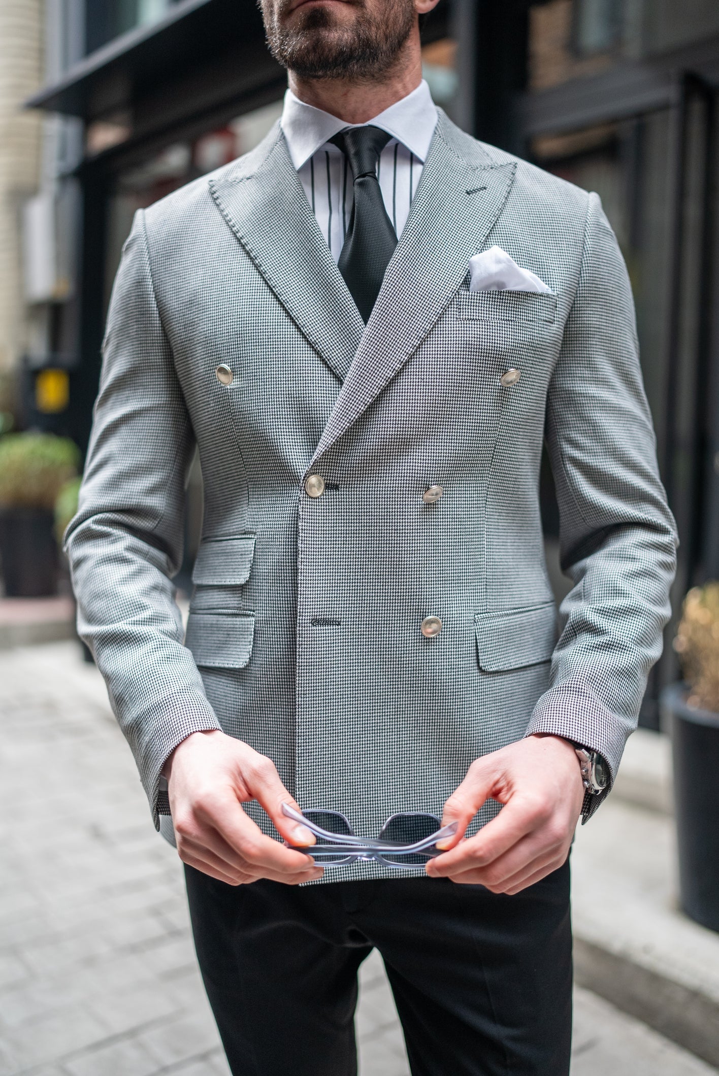 White Houndstooth Double Breasted Blazer - BRABION