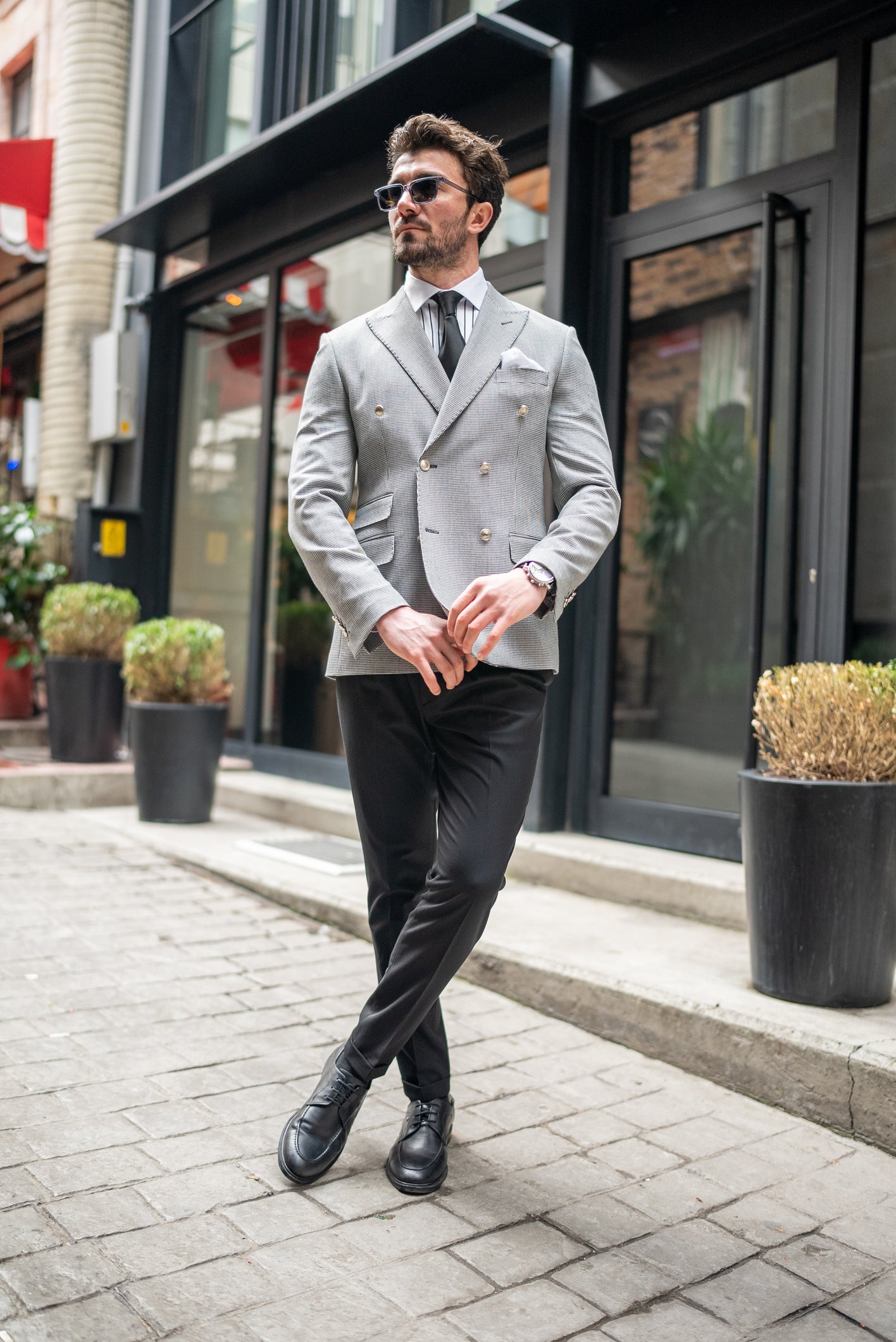 White Houndstooth Double Breasted Blazer - BRABION