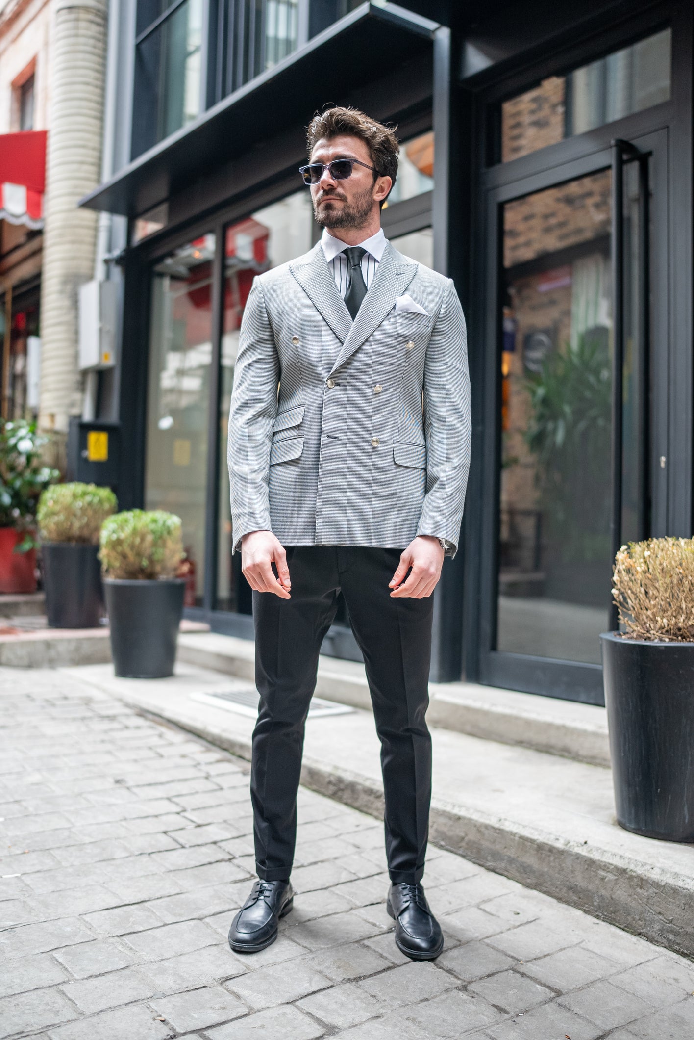 White Houndstooth Double Breasted Blazer - BRABION