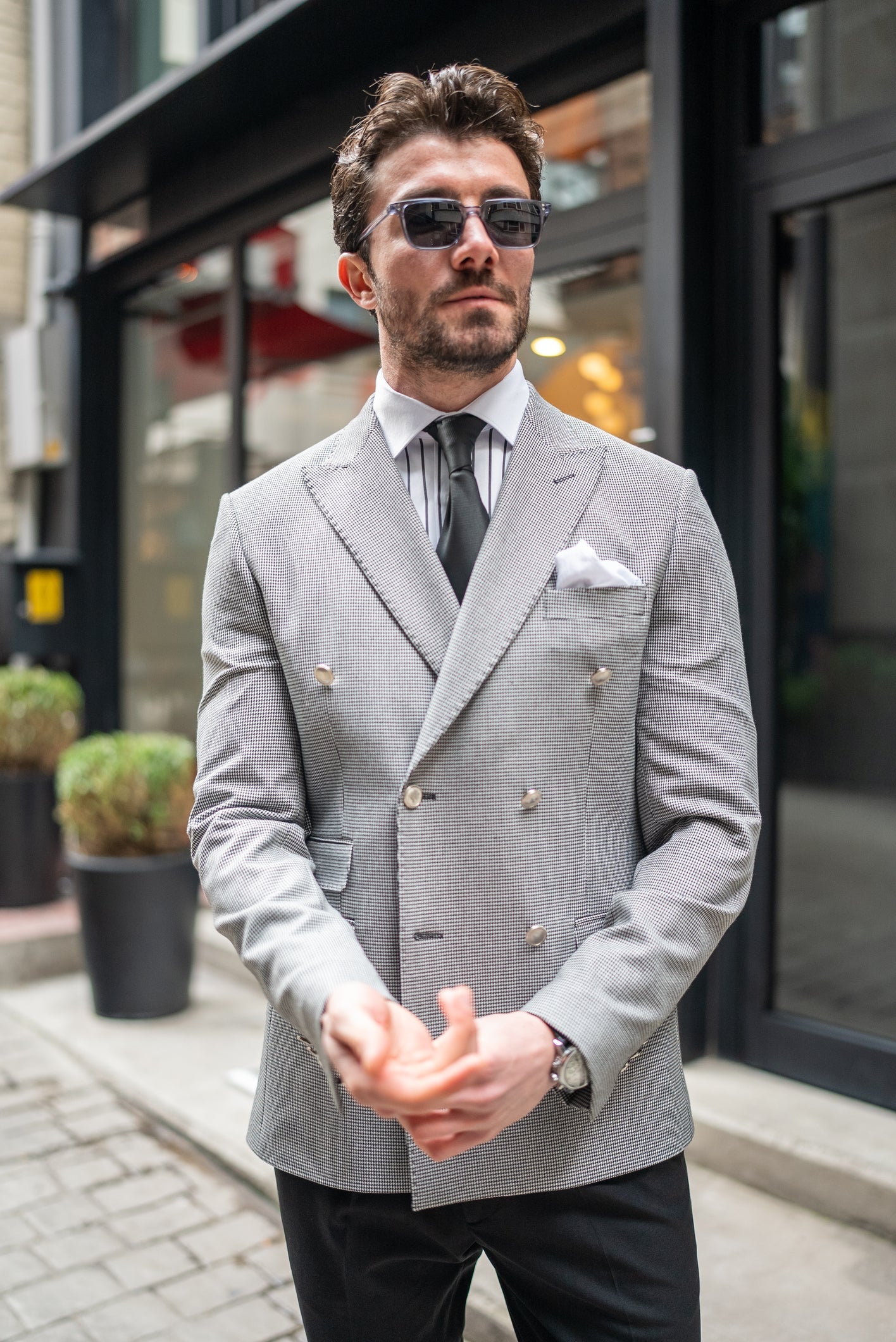 White Houndstooth Double Breasted Blazer - BRABION