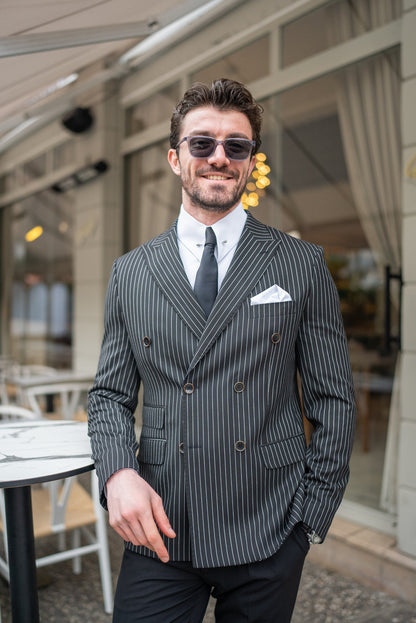 Black Striped Double Breasted Blazer - BRABION