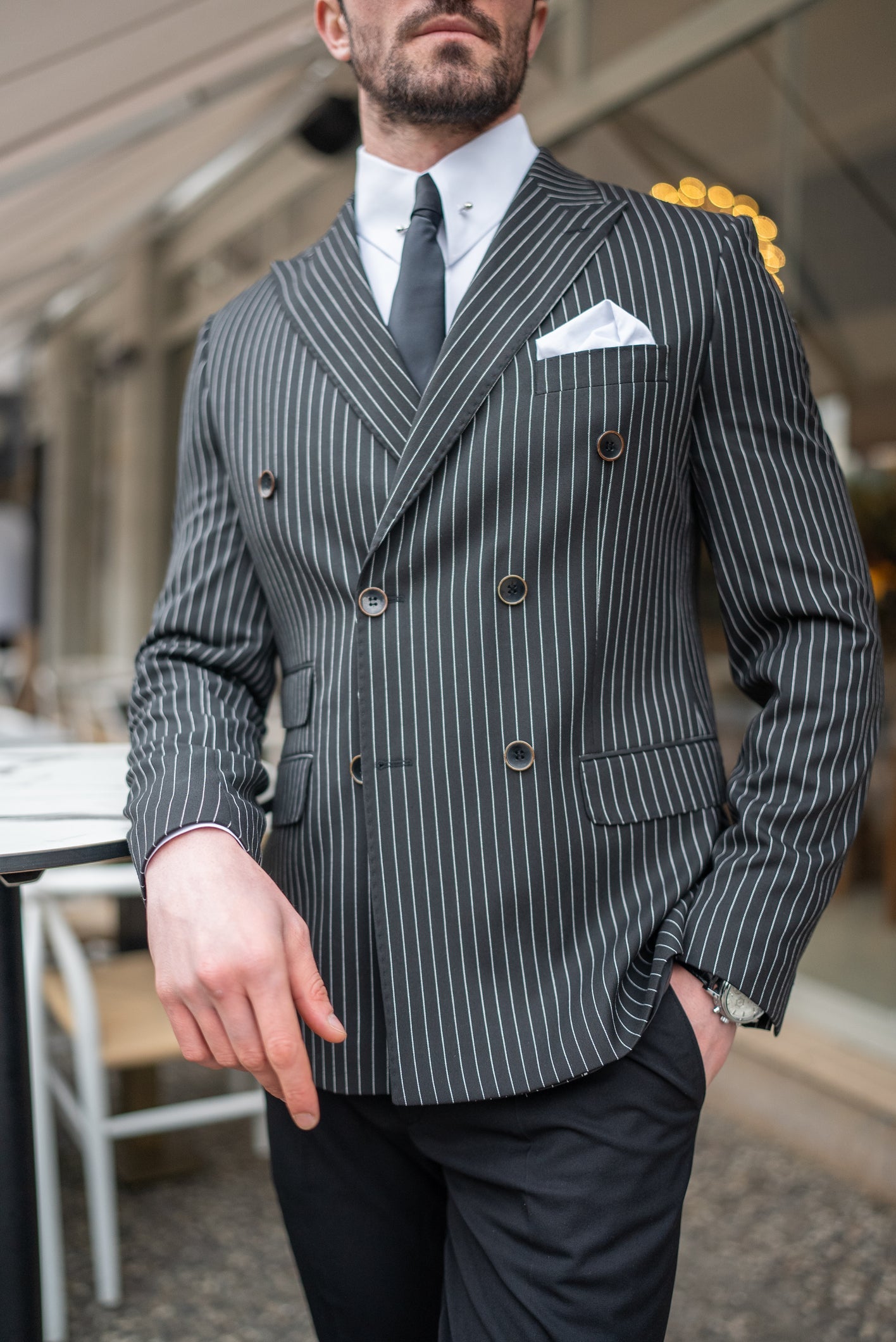 Black Striped Double Breasted Blazer - BRABION