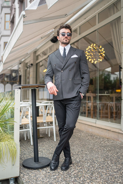 Black Striped Double Breasted Blazer - BRABION