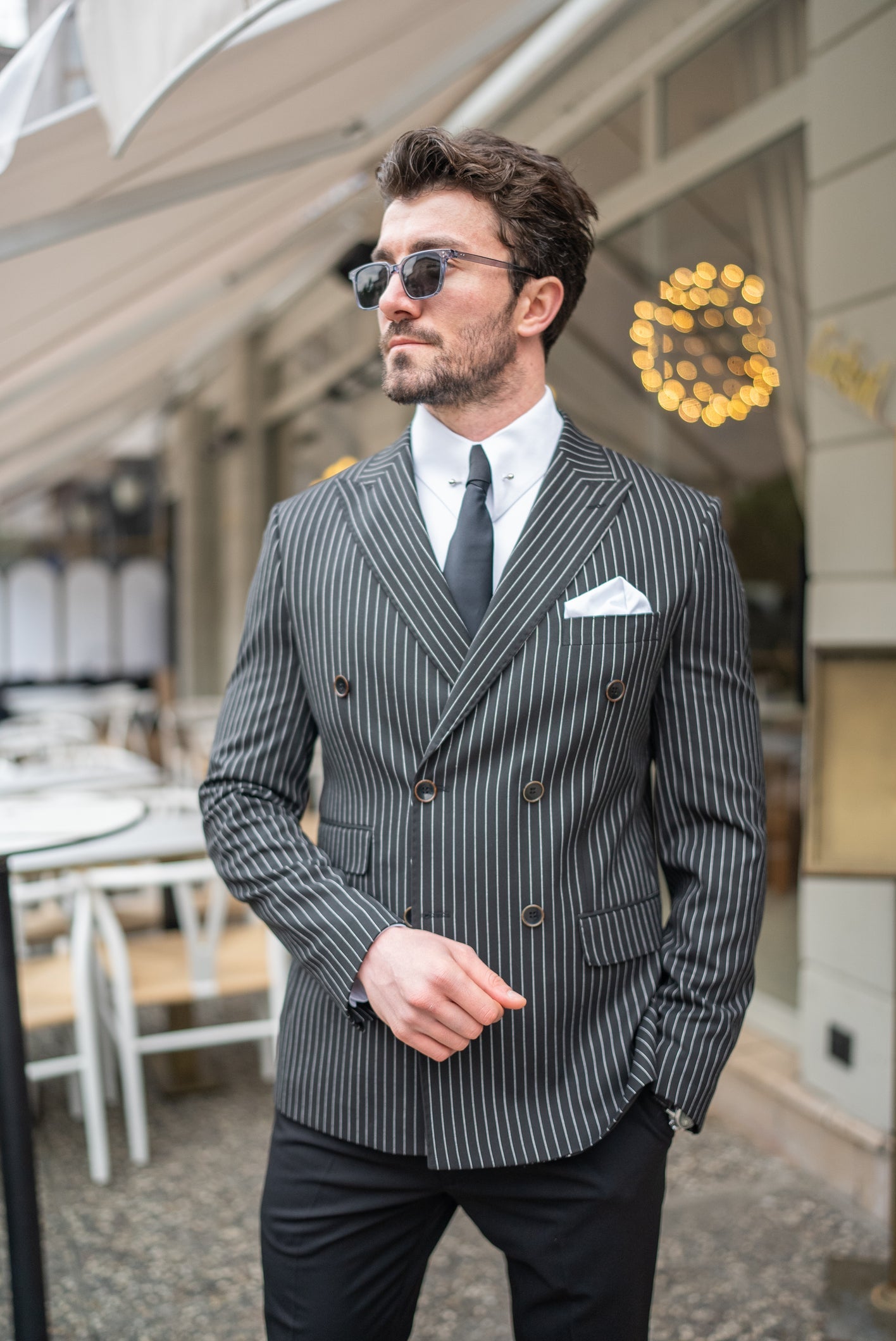 Black Striped Double Breasted Blazer - BRABION