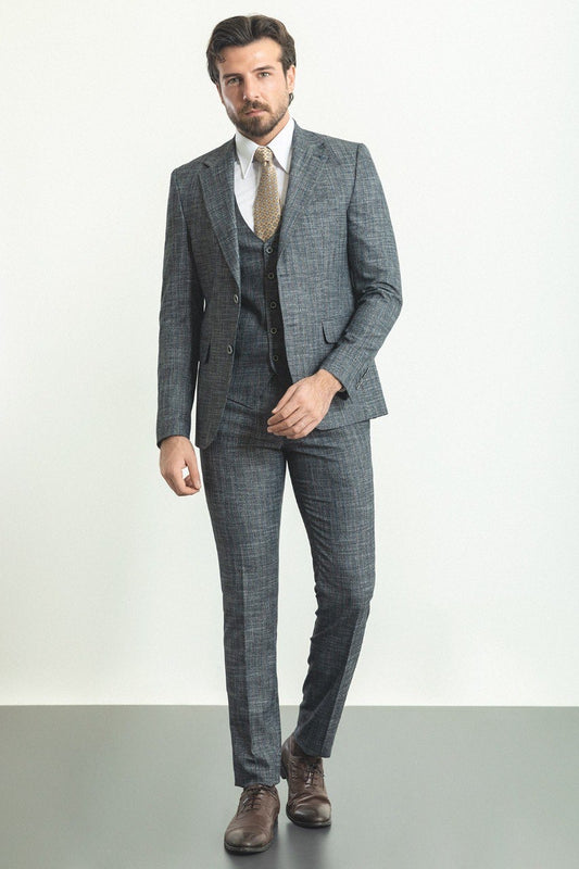 Brabion Rocco Gray Slim Fit Notch Lapel 3 Piece Crosshatch Suit