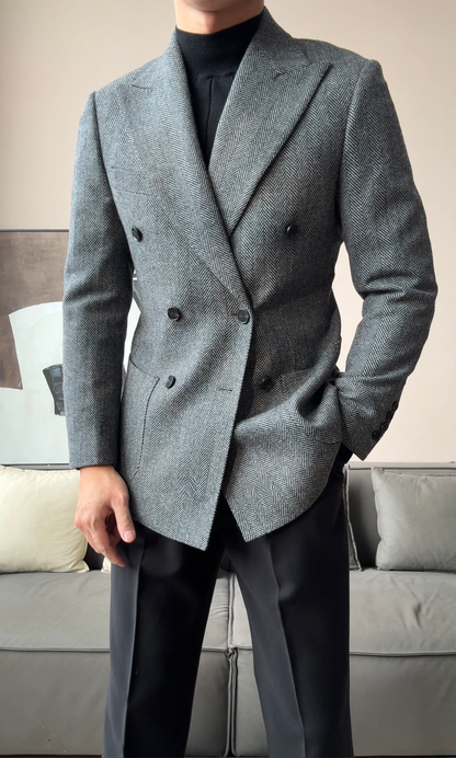 Men’s Retro Herringbone Double-Breasted Blazer