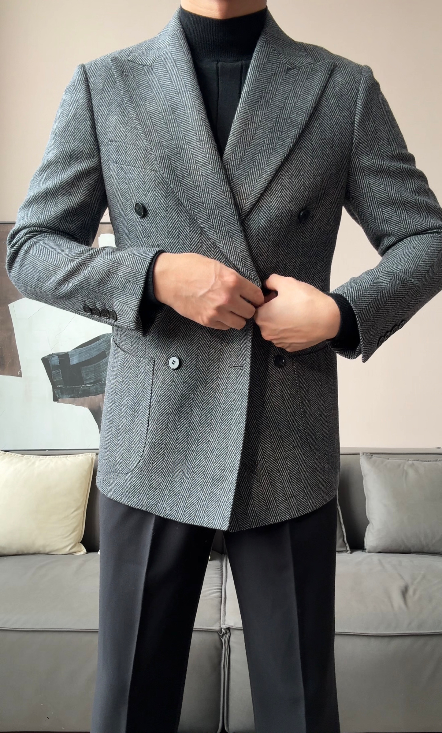 Men’s Retro Herringbone Double-Breasted Blazer