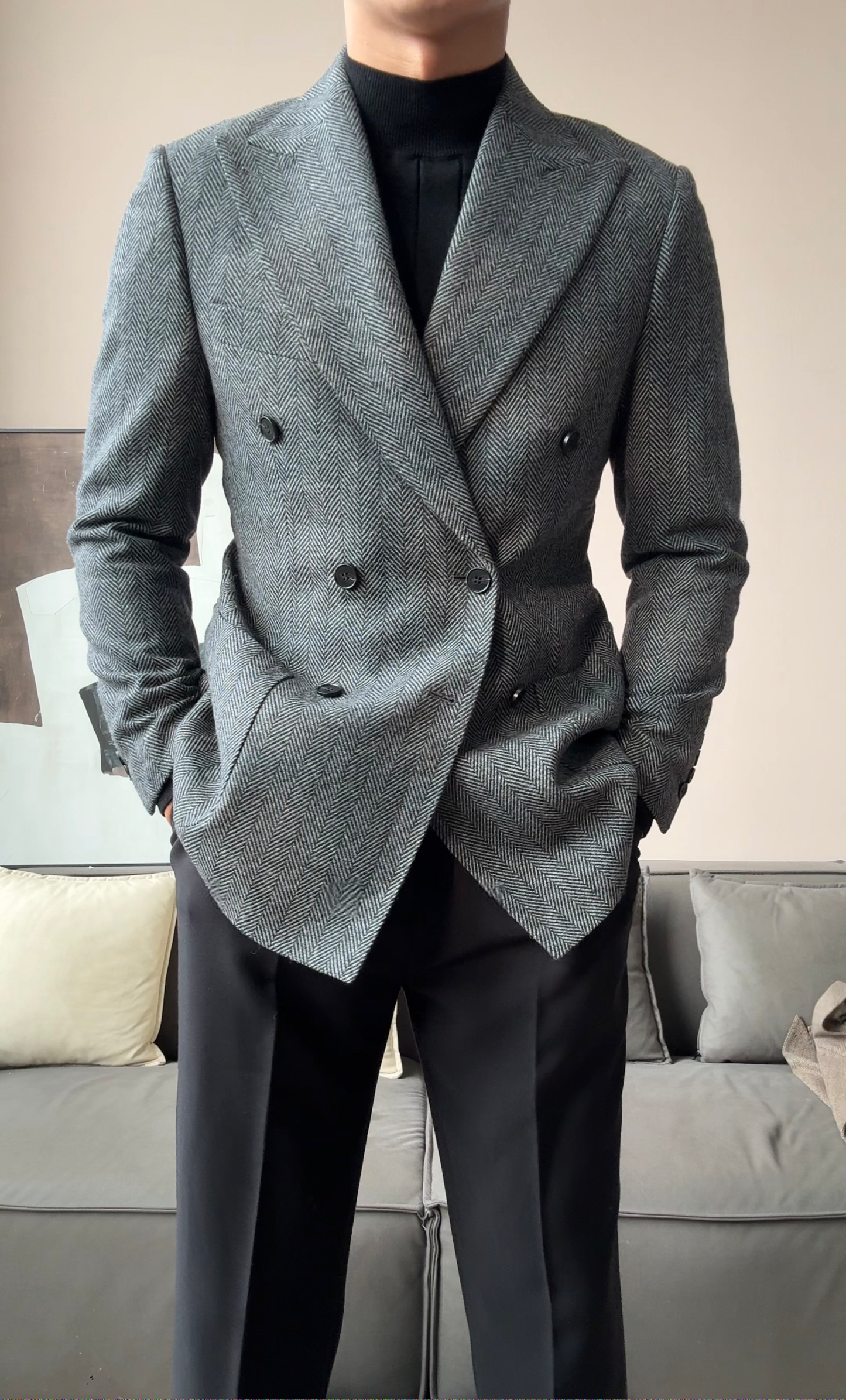 Men’s Retro Herringbone Double-Breasted Blazer