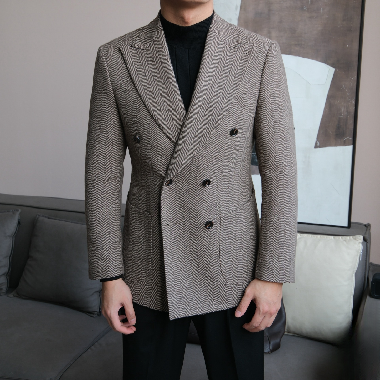 Men’s Retro Herringbone Double-Breasted Blazer