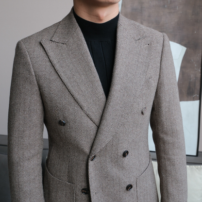 Men’s Retro Herringbone Double-Breasted Blazer