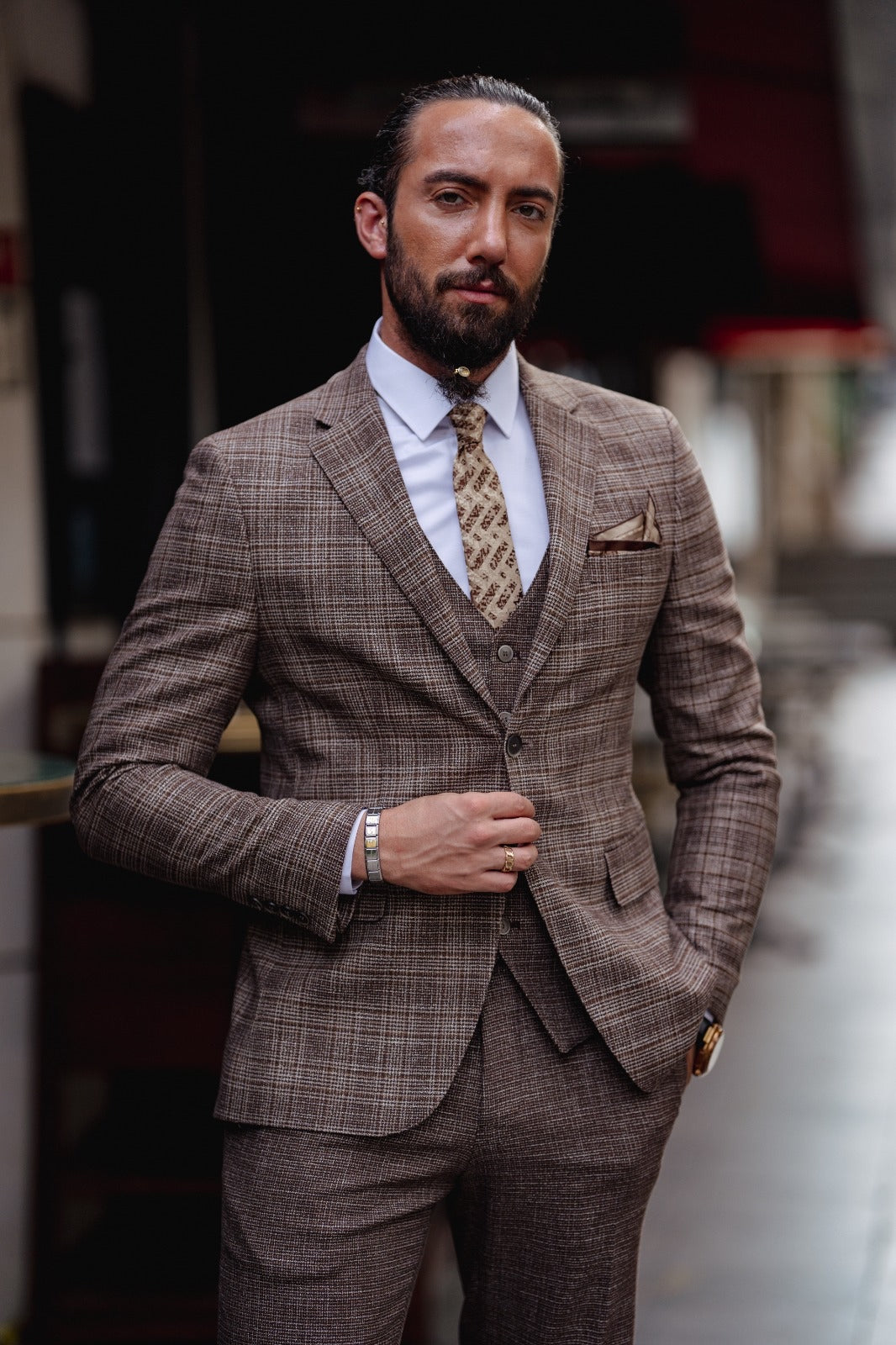 Paris Brown Slim Fit Notch Lapel 3 Piece Plaid Suit – BRABION