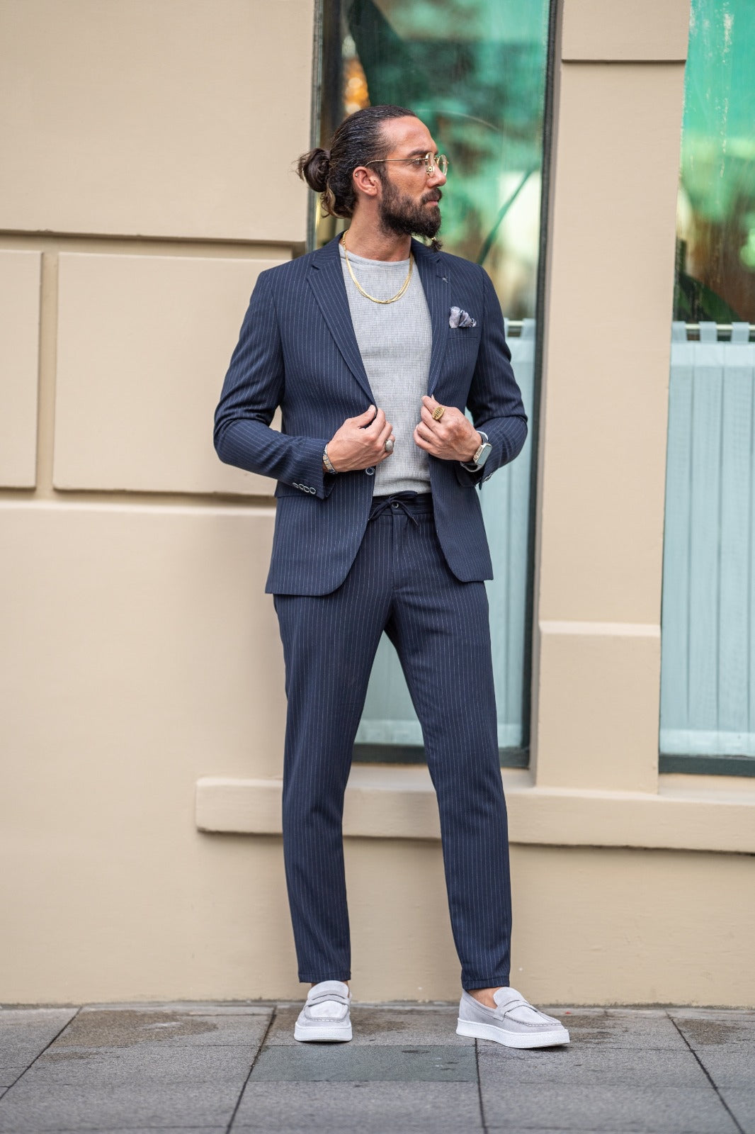 Ardean Navy Blue Slim Fit Notch Lapel 2 Piece Pinstripe Suit