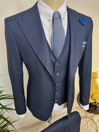 Navy Plaid Slim-Fit Suit 3-Piece VIOSSI
