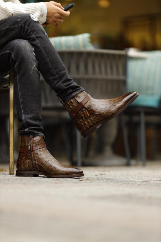 Empire Brown Crocodile Pattern Chelsea Buckle Boots