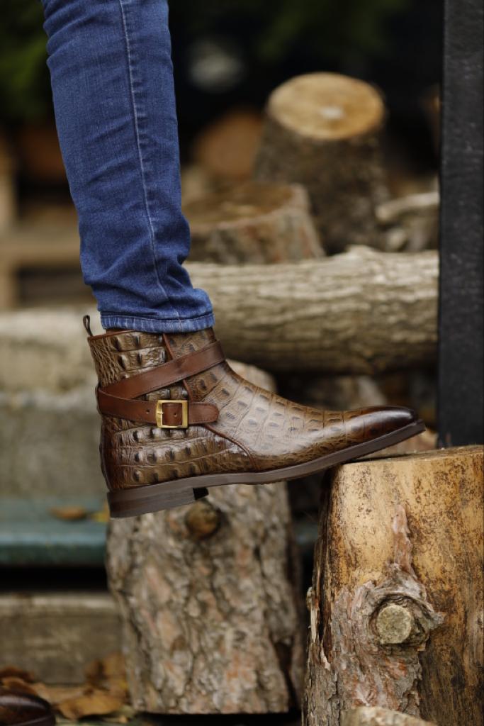 Empire Brown Crocodile Pattern Chelsea Buckle Boots