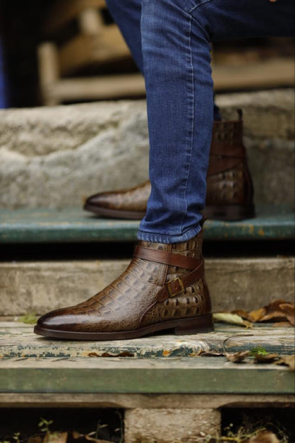 Empire Brown Crocodile Pattern Chelsea Buckle Boots