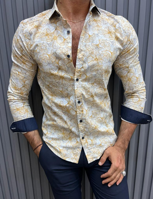 Brabion Lyon Beige Slim Fit Long Sleeve Floral Cotton Shirt