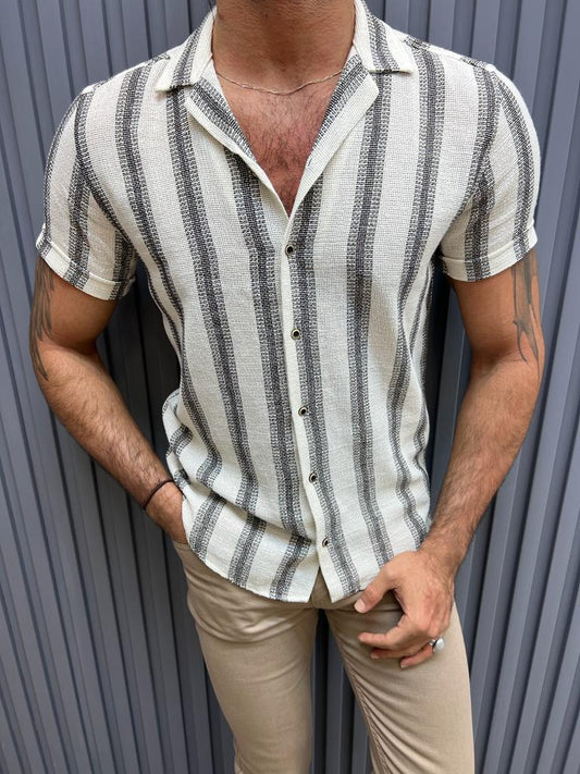 Brabion Lyon Beige Slim Fit Short Sleeve Striped Cotton Shirt