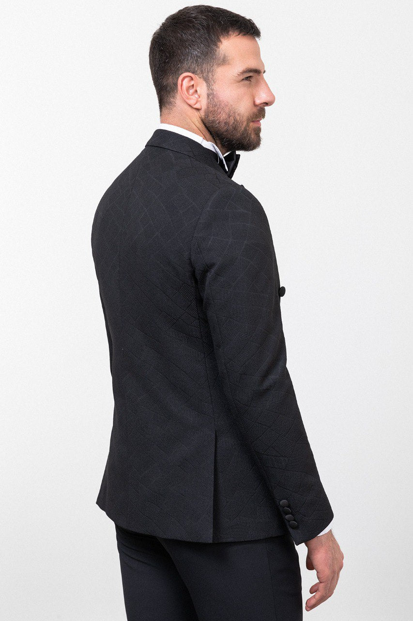 Brabion Rocco Black Slim Fit Double Breasted Patterned Tuxedo