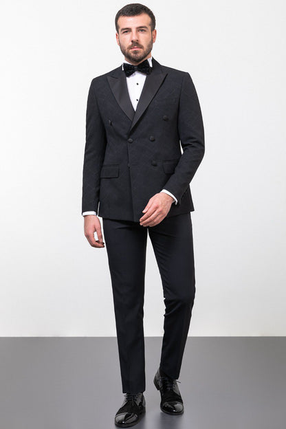 Brabion Rocco Black Slim Fit Double Breasted Patterned Tuxedo